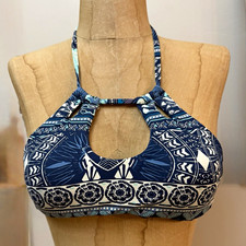 Roxy Strappy Love Geometric Halter Crop Bikini Swim Top Blue/White S picture