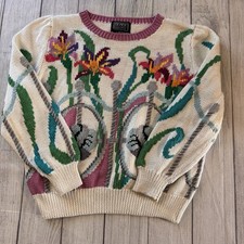 Berek Hand Knit Pima Cotton Floral Sweater Womens Large Uruguay Artsy Vintage picture