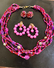 Vintage PINK Triple Strand Marbled Beads Choker Necklace & Clip Earrings Set picture
