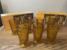 7 Vintage Golden Amber Footed WhiteHall Original 14oz Glasses By Indiana Glass. picture