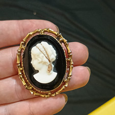 Vintage Oval Cameo Portrait Brooch Pin Gold Tone Black White Lady Profile picture