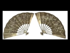Vintage PAIR Solid Brass Fan Raised Phoenix Dragon Hanging wall Art  picture