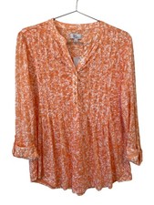 Kim Rogers Shirt Large Split V-Neck Roll Tab Sleeve Pintuck Peach White Boho NEW picture