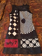 Signed~DESIGUAL~Christian Lacroix Black/White/Wine WHY? Dress 38/M Metallic Trim picture