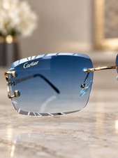 Cartier Big C Diamond Cut Blue Fade Rimless Glasses Gold Frame Designer Eyewear picture
