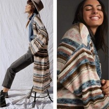 Anthropologie Striped Longline Cardigan Sweater Multi Color Metallic Duster OS picture