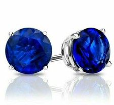 925 Sterling Silver Round Cut Lab Created Blue Sapphire Round Stud Earrings 6MM picture