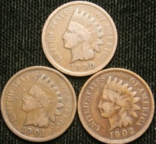 1900 1901 1902 1c Indian Head Cent Penny Set Lot , All 3 Coins , Circulated picture
