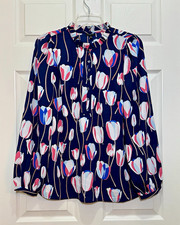 Talbots Womens M NWT Navy Tulip Floral Print Ruffle Neck Long Sleeve Blouse picture