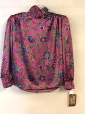 VTG 70s 80s Stuart Lang Secretary Blouse 10P Petite Floral High Neck Puff Sleeve picture