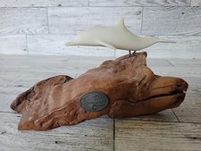  John Perry Sea Life Sculpture White Dolphin On Burl Wood Base Vintage  picture
