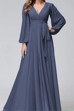 Lavetir A-Line V-Neck Long Sleeves Chiffon Long Bridesmaid Dress (Stormy Blue) picture