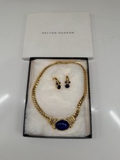 NOS Vtg Trifari Faux Lapis Cabochon Necklace Clip Earrings Set Gold Tone Large picture