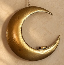 Crescent Moon Candle Holder Ceiling Hanging Gold Metal Celestial Boho Decor 25” picture