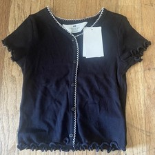 NWT H&M Kids Black Ribbed Short Sleeve Button Top Contrast White Trim Size 2-4Y picture