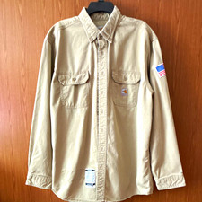 Carhartt FR Beige Twill Long Sleeve ButtonUp Work Shirt Men’s 2XL FR2 Flag Patch picture