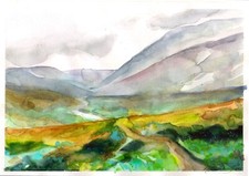 Original Watercolor  Painting Mountains Wall Art Green Valley Painting picture