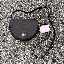 Coach Signature Logo Crescent Crossbody Bag Brown/Black Zip w/ Bag Charm picture