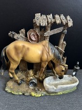 Western Horse Figurine Drinking at Trough Rustic Ranch Fence Cowboy Resin 12” picture