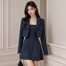 Cider Women's Mini Dress w/ Tweed Cropped Blazer Blue Plaid Polyester S picture