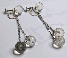 14k White Gold Facet Crystal/Quartz Screw Back Chandelier Earrings Art Deco picture