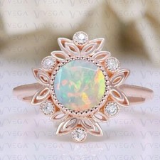 3.53ct Round Multicolor Natural Opal Gemstones Diamond Ring Real 14K Rose Gold picture
