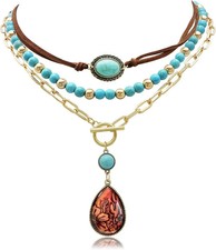 Fscwlmon 3 Pcs Layered Western Cowgirl Necklaces for Women Boho Turquoise Beaded picture