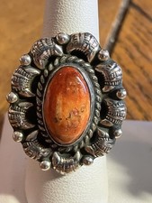 Large Sterling 925 Orange Spiny Oyster Shell Adjustable Sz 7 Ring 1.2x1” Ornate picture