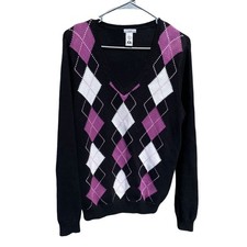 IZOD Woman's Golf Argyle Sweater L Black Pink V-Neck Good Cotton Knit Preppy picture