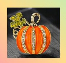 THE GREAT PUMPKIN ORANGE ENAMEL & RHINESTONE PIN BROOCH~HALLOWEEN THANKSGIVING picture