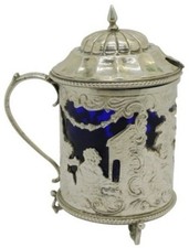 Antique Hanau Silver & Cobalt Mustard Pot Ornate Repousse Scenes picture