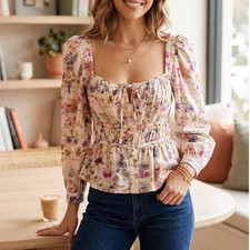 Flora Obscura x J.Crew Cinched-Waist Top Kaleidoscope Floral Puff Sleeve XS picture