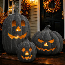 Halloween Decorations - Fall Decor - Black Handmade Terracotta Pumpkin Jack O' L picture