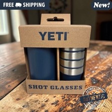 Classic Navy YETI®  4 Shot Glasses and Holder - Authentic - NEW picture
