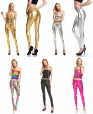 ADULT WOMENS SHINY METALLIC WET LOOK LIQUID STRETCH FOOTLESS LAME LEGGINGS PANTS picture