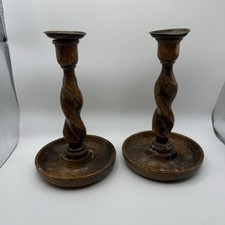 Pair Antique early 1900’s Barley Twist Wooden Candle Holders Classic Spiral 8” picture