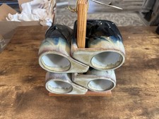 Vintage Rodolfo Padilla Beige Tan Drip Glaze Mugs Wood Stand Set Of 4 picture