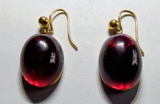 Vintage 10K Gold Tested Dark Red Cabochon Drop Earrings 4.8g picture