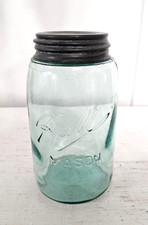 Vintage Triple L Blue Green Glass Quart Ball Mason Jar w/ Zinc Lid c 1900-1910 picture