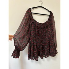 Torrid Black Red Floral Smocked Peplum Top Ruffle Long Sleeve Chiffon Size 4 4X picture