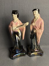 Vintage 50s Japanese Lusterware Figurines Iridescent Pink & Black Geisha Couple  picture