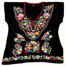 MEXICAN BLACK COLORFUL HANDMADE EMBROIDERED HUIPIL WOMAN'S MEDIUM BLOUSE SHIRT picture