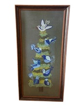 Vintage Paragon Bluebird Fir Tree Crewel Embroidery Wall Hanging MCM Framed picture