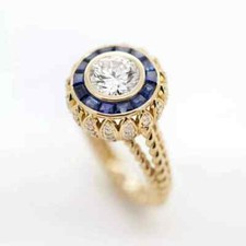 Art Deco Style Lab-Created Diamond Round Cut Sapphire Ring 14K Yellow Gold FN picture