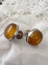 Rare Vintage Huge Silver  925 Amber Cufflinks Round  Dome Cabochons Handmade picture