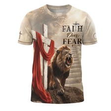 Faith Over Fear Jesus and Lion with Drape Christian T-Shirt S-5XL picture