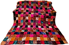 Velvet Patchwork Quilt Bedspread Queen 93 x 120 Vintage 70's Hippie UnFinished picture