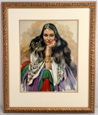 Jean Van Caulaert French Art Deco Oil Portrait Painting Gorgeous Gypsy Woman picture