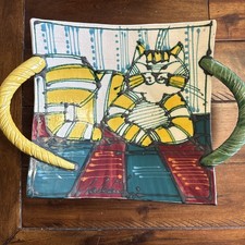 Juozas Rasa Saldaitis Large Whimsical Cat Decorative Art Pottery plates handle picture