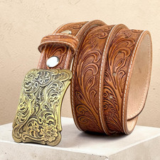 Women's Handmade Floral Western Leather Belt, Removable Buckle 1.5